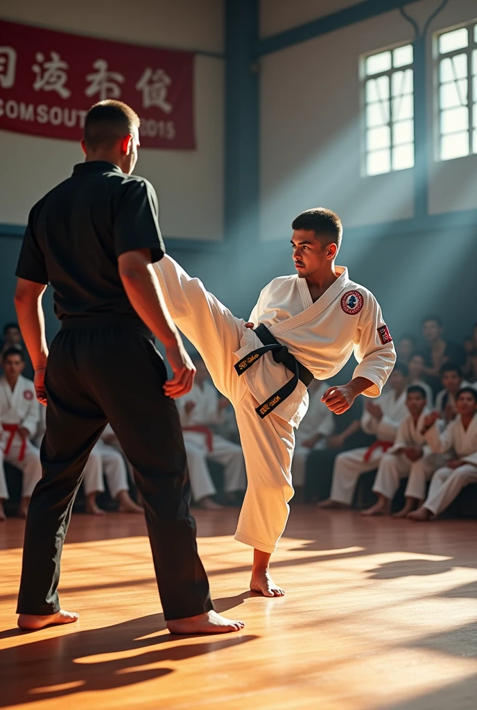 Create a picture of a karate fighters on a tournament referee workshop 