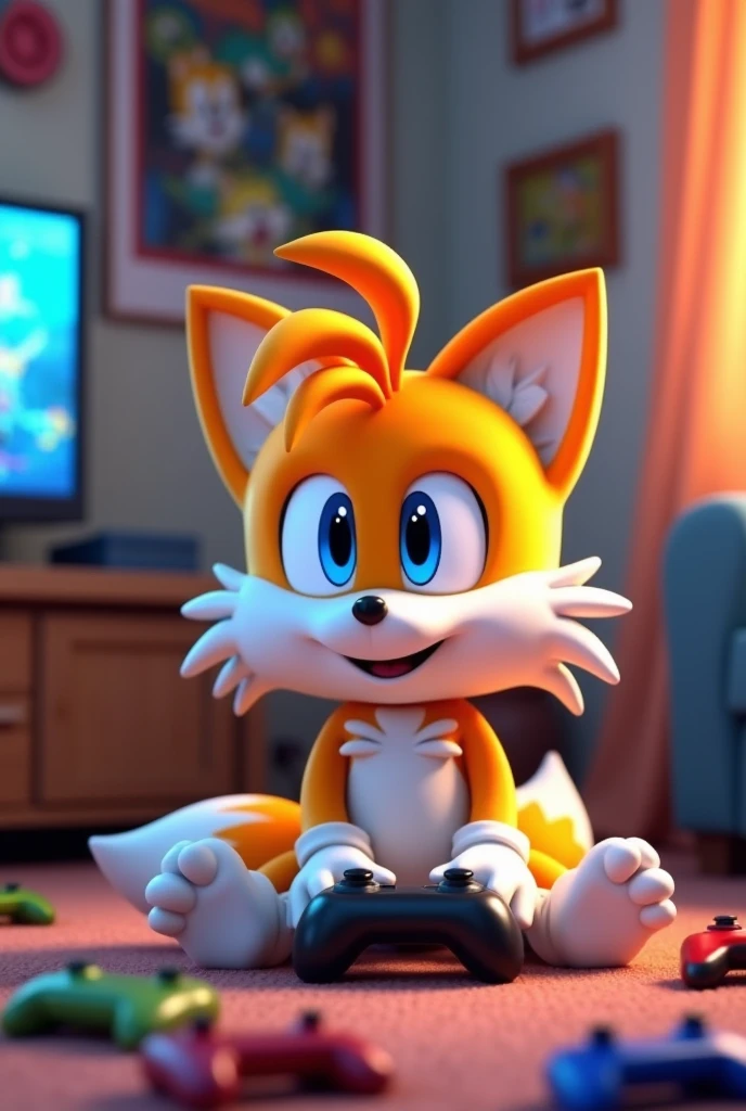 3d model of tails Tails sitting on the floor with his legs crossed playing a video game
