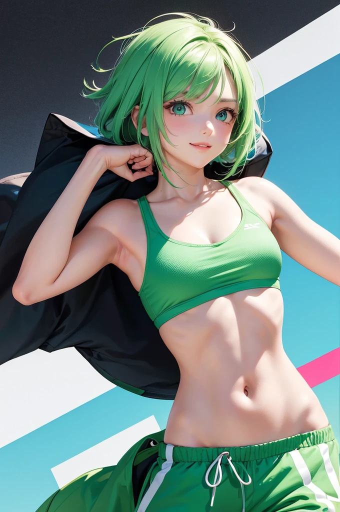 Best Quality,High resolution,8k,(plain white background, no patterns, no textures, just a plain white background:1.3),Masterpiece:1.2),beautiful girl,Shiny green hair,messy hair,Green Eyes,A girl dressed in a light, cropped sports bra or tank top with a subtle, colorful graphic or trim, paired with high-waisted, slightly oversized athletic pants in a vibrant, but not overwhelming, pattern. She is wearing comfortable sneakers with a splash of bright color or sporty slides. Accessories include a simple, colorful cap and a coordinating sports wristband,Gentle look,A refreshing look,smile,Best quality,Best Quality,Aesthetic and aesthetic:1.2,Best details((Super detailed))(High-definition CG illustrations),Slender body,smile,blush,cute,Scrounge,Looking up,Being spoiled,super model