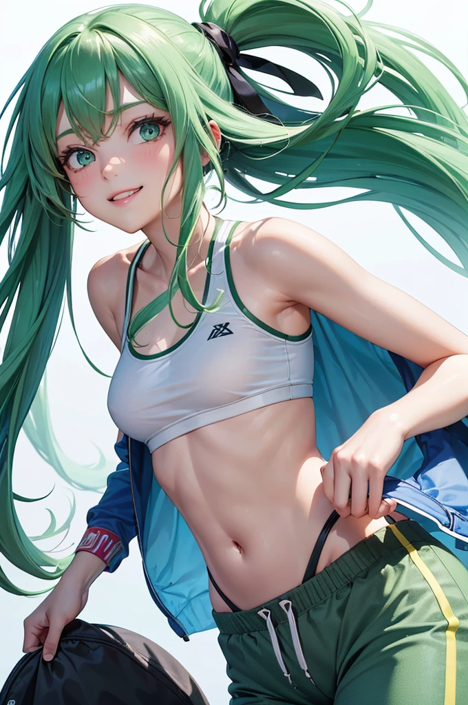 Best Quality,High resolution,8k,(plain white background, no patterns, no textures, just a plain white background:1.3),Masterpiece:1.2),beautiful girl,Shiny green hair,messy hair,Green Eyes,A girl dressed in a light, cropped sports bra or tank top with a subtle, colorful graphic or trim, paired with high-waisted, slightly oversized athletic pants in a vibrant, but not overwhelming, pattern. She is wearing comfortable sneakers with a splash of bright color or sporty slides. Accessories include a simple, colorful cap and a coordinating sports wristband,Gentle look,A refreshing look,smile,Best quality,Best Quality,Aesthetic and aesthetic:1.2,Best details((Super detailed))(High-definition CG illustrations),Slender body,smile,blush,cute,Scrounge,Looking up,Being spoiled,super model