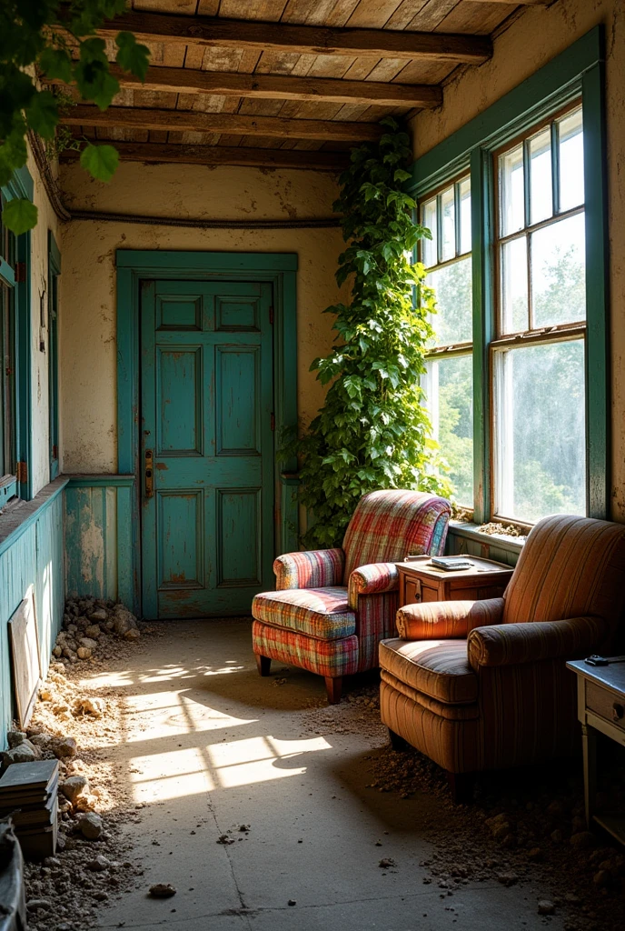 beautiful house, with damaged door, messy furniture