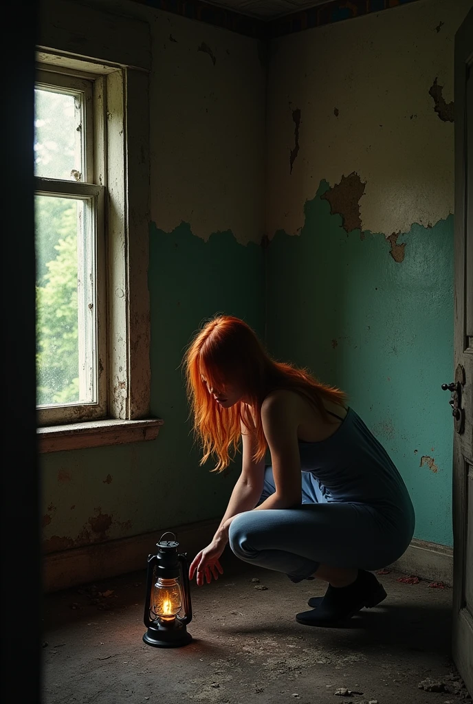 depict a woman squatting with red hair, not too short, in the back of an old house, removing paint from the wall, with a very dark setting.