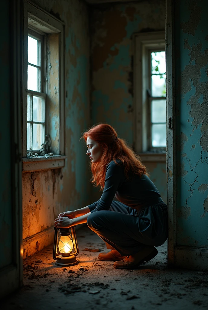 depict a woman squatting with red hair, not too short, in the back of an old house, removing paint from the wall, with a very dark setting.