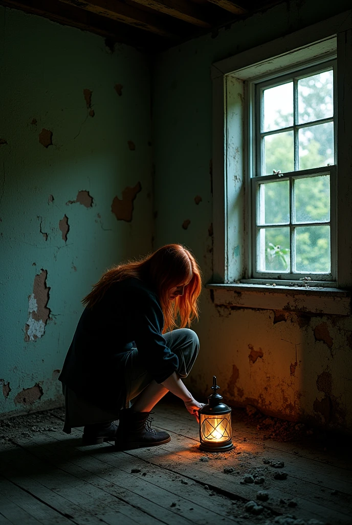 depict a woman squatting with red hair, not too short, in the back of an old house, removing paint from the wall, with a very dark setting.