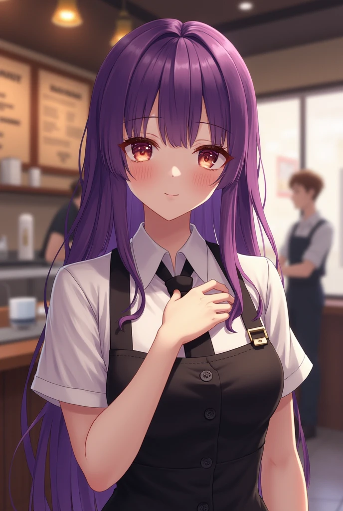 1 girl, standing alone, bangss, blush, hand on one&#39;s chest, jill stingray, long sleeves, looking ahead at viewer, cabelo roxo, medium breasts, necktie, chemise, standing alone, trunk, Vest,  barista, Vest, white chemise,