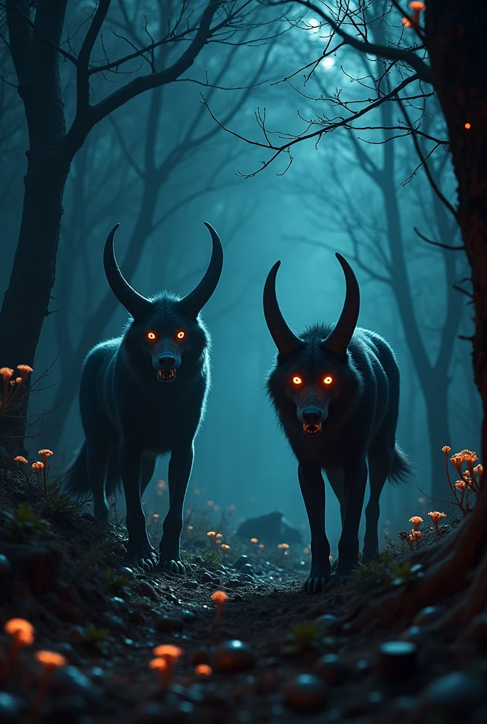 Wolf-like creatures with powerful jaws and claws, exuding orange bioluminescent poison. Horns growing from thier back and strong claws.