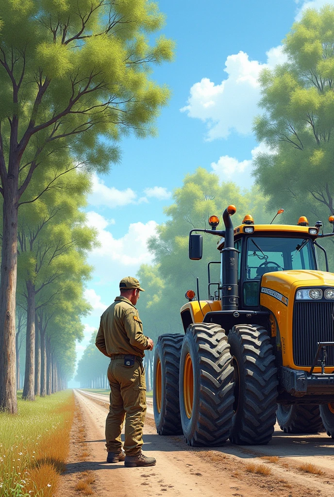 Man in uniform refueling machine on eucalyptus farm - all in drawing form