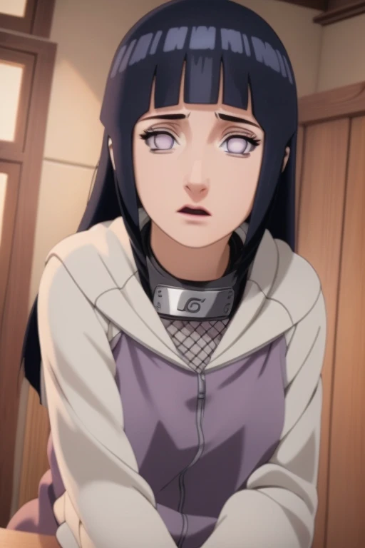 1girl, Hinata Hyuuga from Naruto Shippuden, 18 years old, beautiful detailed eyes, beautiful detailed lips, extremely detailed eyes and face, long eyelashes, worried expression, ripped pants, embarrassed, detailed portrait, highly detailed, masterpiece, photorealistic, 8k, ultra-detailed, sharp focus, physically-based rendering, vivid colors, elegant, soft lighting, warm colors