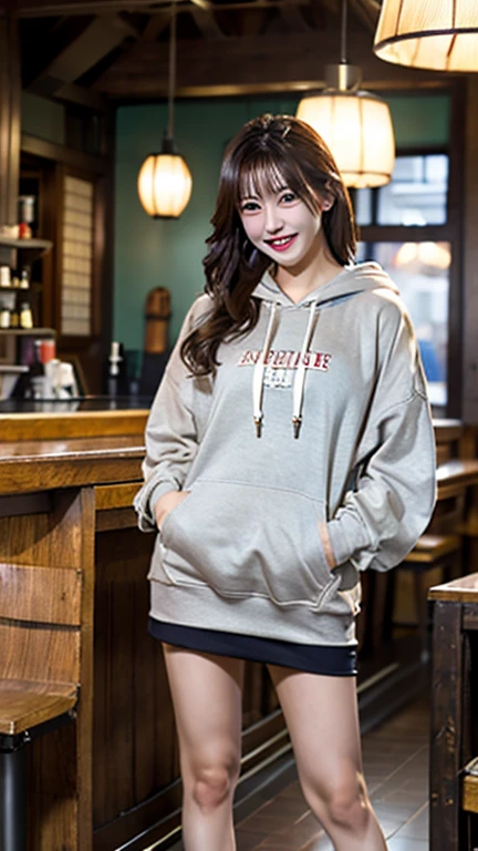 A Japanese milf, photo of one girl, Slender figure, Realistic teeth, wearing oversized hoodie, smile, full-body, masterpiece, best quality, detailed, beauty, Pub, indoor,