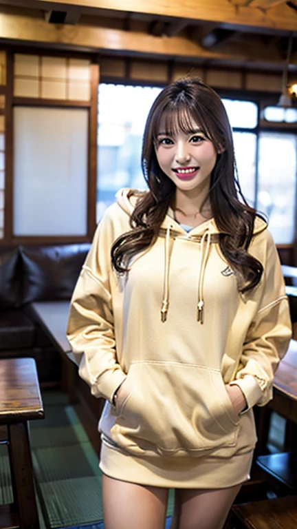 A Japanese milf, photo of one girl, Slender figure, Realistic teeth, wearing oversized hoodie, smile, full-body, masterpiece, best quality, detailed, beauty, Pub, indoor,