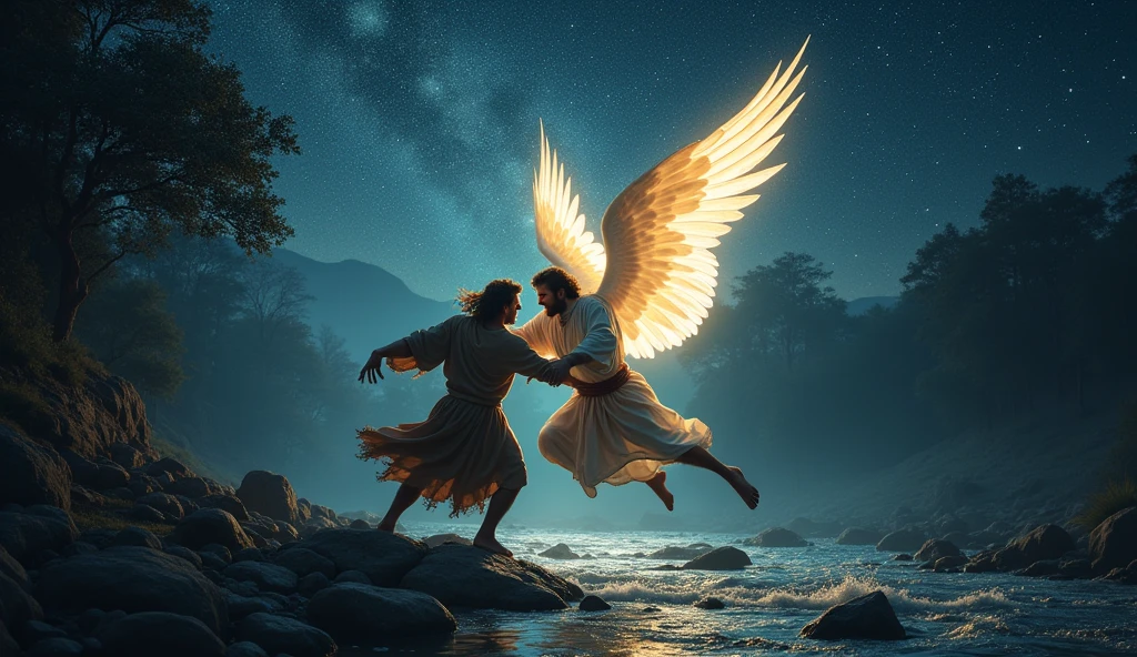 The biblical age where two men are wrestling, clinging to each other in a dark night full of stars on the banks of the Jabbok river. One man named Jacob and another man with the appearance of a strong angel, with...