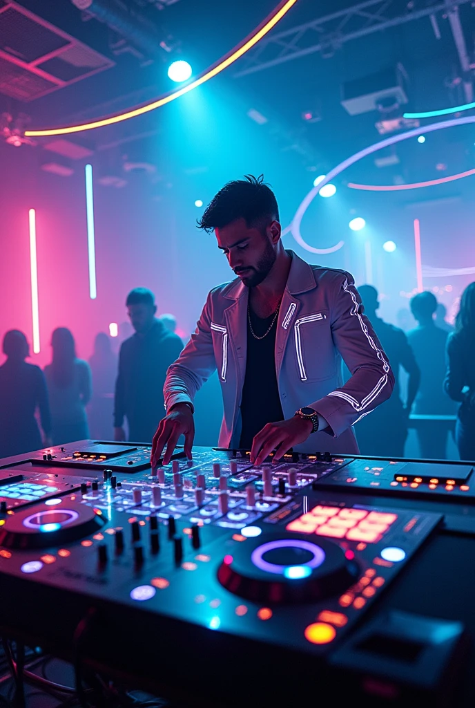 DJ controlling the volume of a song within an augmented reality system