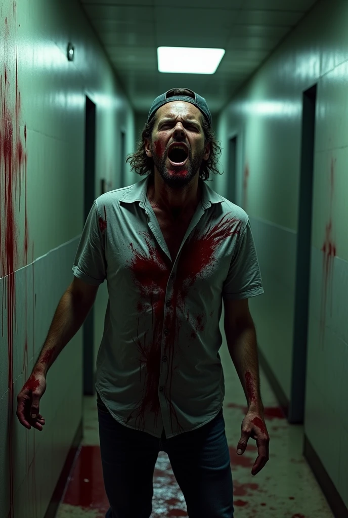 a bloody and gory dead man wearing a a gray shirt and backwards baseball cap laying on the ground ripped to shreds in a hallway, nightmare