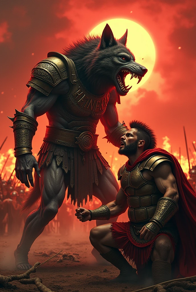 (photorealism:1.2), Werewolf,Heineken armor ,legendary ,devouring Spartan ,war background 