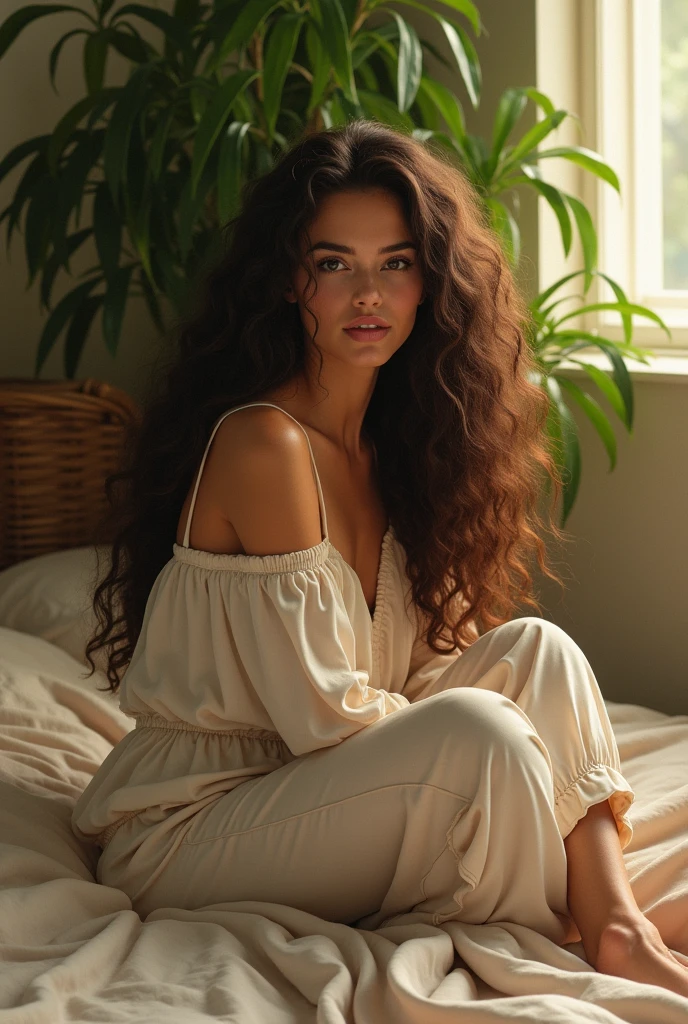 (photorealism:1.2), beautiful woman, sitting on bed, wearing loose off-shoulder top, pajama pants, long curly hair, indoors, soft lighting, plants in background, window with sunlight, cozy room, relaxed pose, realistic, intricate details, warm colors, by Greg Rutkowski, by Alphonse Mucha