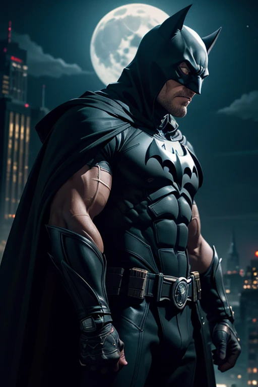 a dark knight, muscular male superhero, batman, gotham city, gothic city, dark cityscape, night sky, full moon, moonlight, cinematic lighting, dramatic shadows, chiaroscuro, highly detailed, photorealistic, intricate details, hyper-realistic, cinematic, moody, atmospheric, brooding, striking pose, intense gaze, rugged features, strong jawline, handsome face, muscular physique, dark costume, bat symbol, cape flowing, dynamic action, heroic, powerful, intimidating, shrouded in darkness, striking silhouette