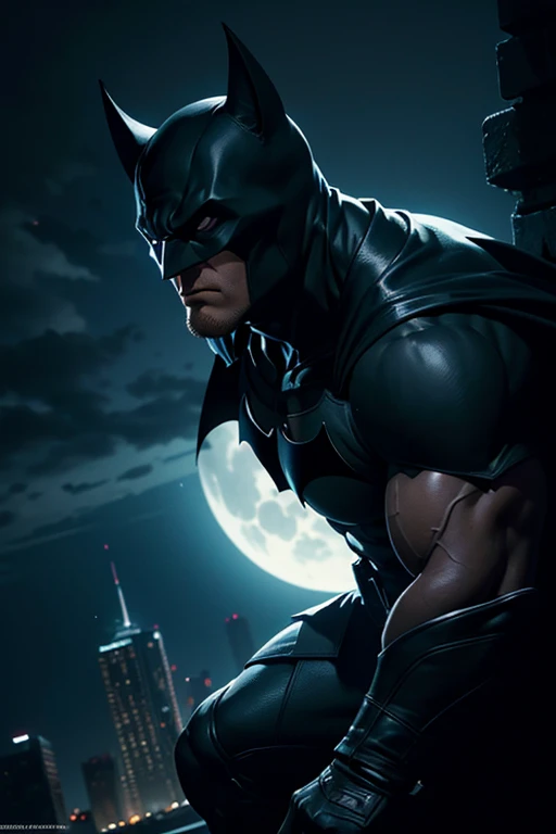 a dark knight, muscular male superhero, batman, gotham city, gothic city, dark cityscape, night sky, full moon, moonlight, cinematic lighting, dramatic shadows, chiaroscuro, highly detailed, photorealistic, intricate details, hyper-realistic, cinematic, moody, atmospheric, brooding, striking pose, intense gaze, rugged features, strong jawline, handsome face, muscular physique, dark costume, bat symbol, cape flowing, dynamic action, heroic, powerful, intimidating, shrouded in darkness, striking silhouette