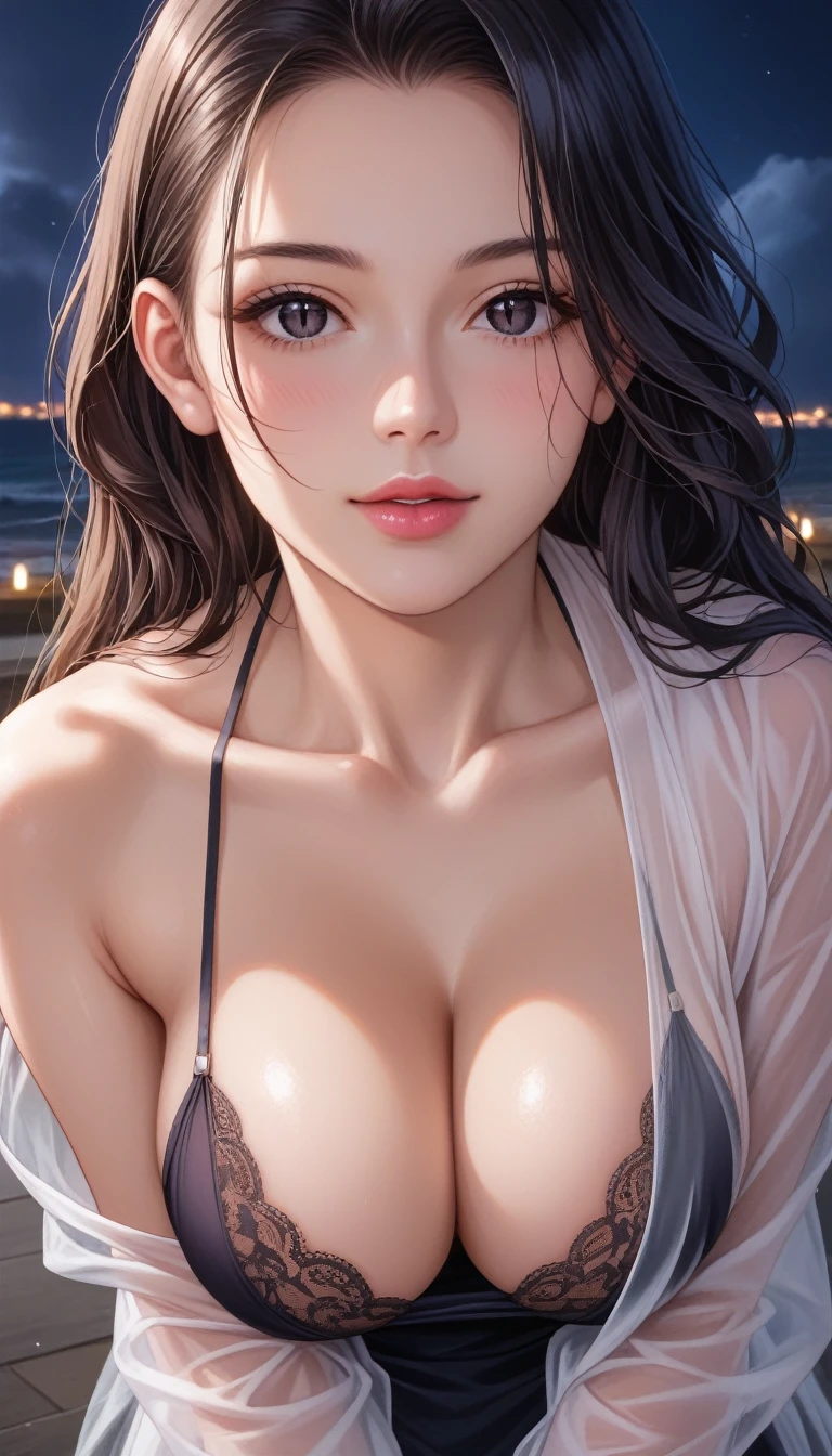 score_9, score_8_superior, score_7_superior, High-resolution 3DCG illustration,A masterpiece in 32K resolution,Highest quality,it is really amazing,Very detailed,Ultra-high resolution,Ultra-realistic,Realistic,Increased depth of field,Cinematic lighting,
Sexy mature Japan woman,
Glossy black hair,Wavy long hair,Showing his forehead,god々Beautiful,Ultra-detailed and beautiful face,Sensual look,Beautiful dark brown, moist eyes,Pitch black eyes,Glowing, moisturized skin,Translucent white skin,born々New skin texture,Great proportions,
Black camisole long dress,Black panties,
Wide open chest design,Deep slit showing the thighs,Detailed race decorations,詳細なborn地の質感,
A dark and blurry night background,Dark overcast sky on a dull night,Dark clouds filling the sky,Thundercloud,Coastline at night,Golden reflections on the sea surface,delay々A desolate sandy beach that continues,
Beautiful cleavage,Face close-up,High angle,