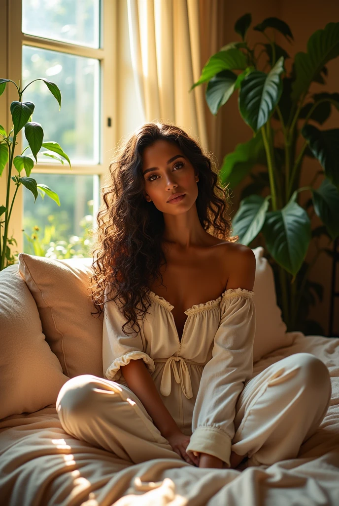 (photorealism:1.2), beautiful woman, sitting on bed, wearing loose off-shoulder top, pajama pants, long curly hair, indoors, soft lighting, plants in background, window with sunlight, cozy room, relaxed pose, realistic, intricate details, warm colors, by Greg Rutkowski, by Alphonse Mucha