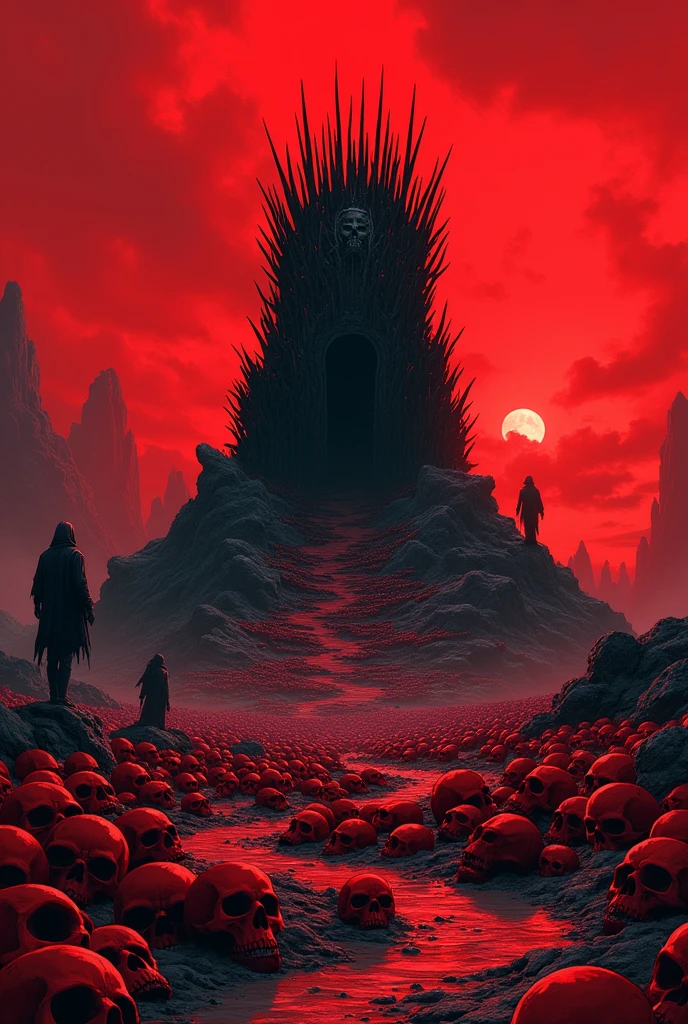 A very big land with thousands of red skull on it and a throne made of thorns standing on that land, scary in landscape format anime style
