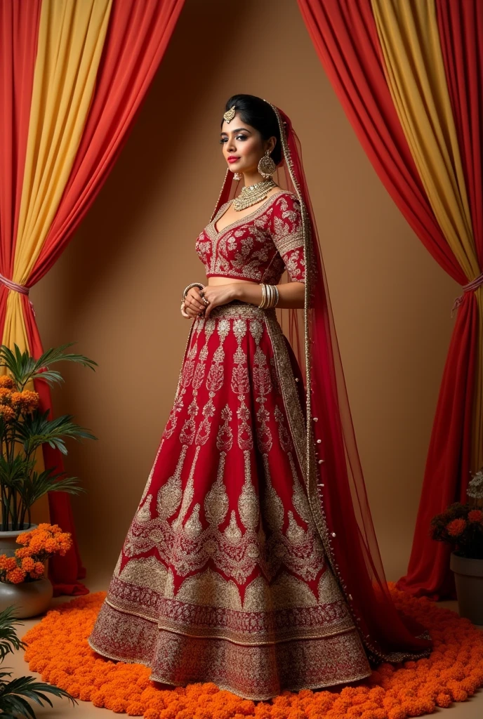 Indian bride with good outfit and stocking and gold jewellery on her neck and forearms and decent cleavage and with minimalist anklets and heels,and more outfits to her,