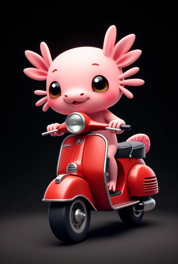 Axolotl riding a motorcycle, pink axolotl,  black background, cartoon , round fins, no visible tail, the motorcycle should be a red Vespa, the whole picture should only be seen from the side, the axolotl should look into the camera, A small smile, big sweet eyes, two nostrils, pink gils, lighter pink for the head