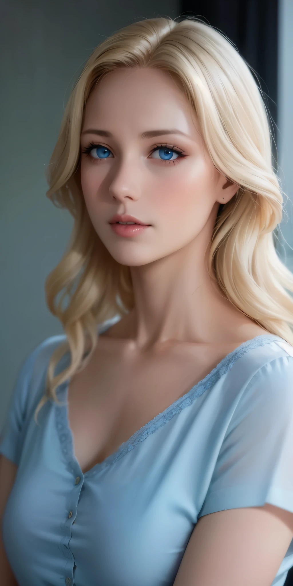 Elegant mature female, milf, blue eyes, blonde hair, bangs, soft light, 4k resolution, high quality, beautiful cg