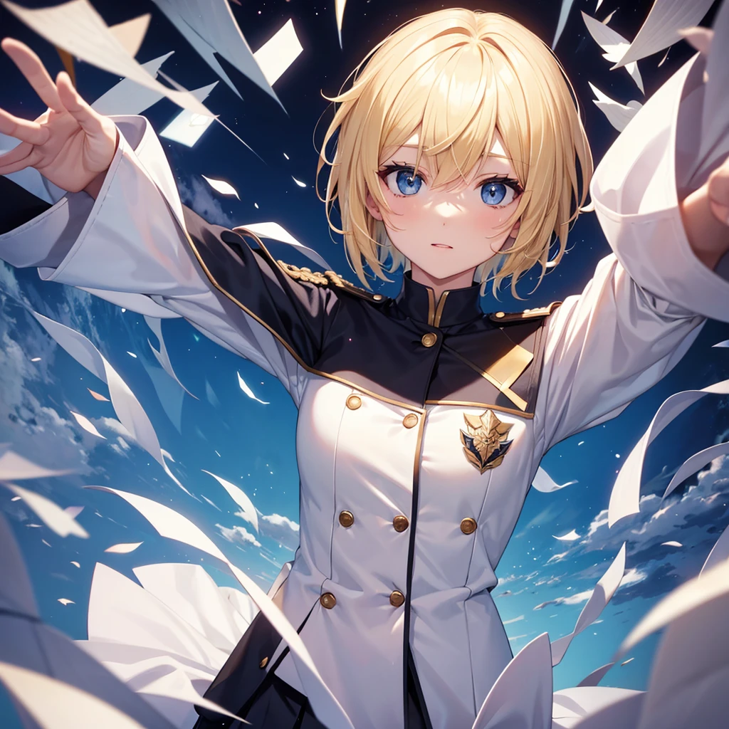 One person,alone,Blonde,short hair,uniform,Spread your arms,free