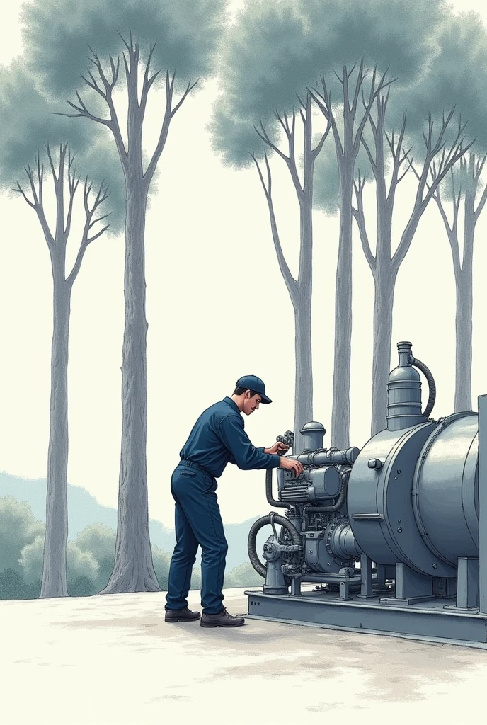 Man in uniform refueling a machine in a eucalyptus farm - all in the form of a simple drawing