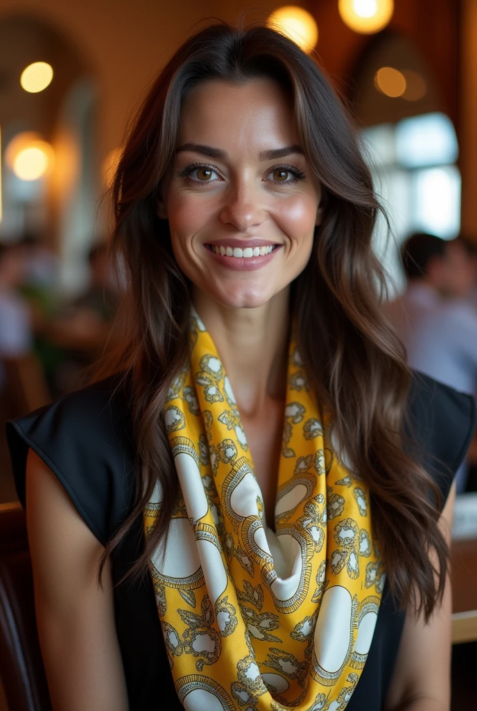 (photorealism:1.2), very pretty, exciting and stylish 43-years-old smiling lady in shiny blouse with long brown hair, brown eyes, smokey-eyes-make-up, wearing a very expensive elegant shiny white yellow black square pure satin silk scarf form Versace, sitting in a typical coffeehouse in Vienna.