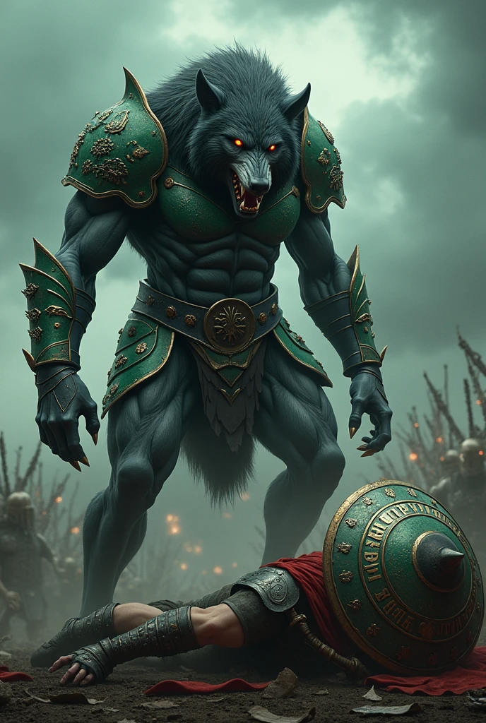 (photorealism:1.2), Werewolf,Heineken armor ,legendary ,devouring Spartan ,war background 