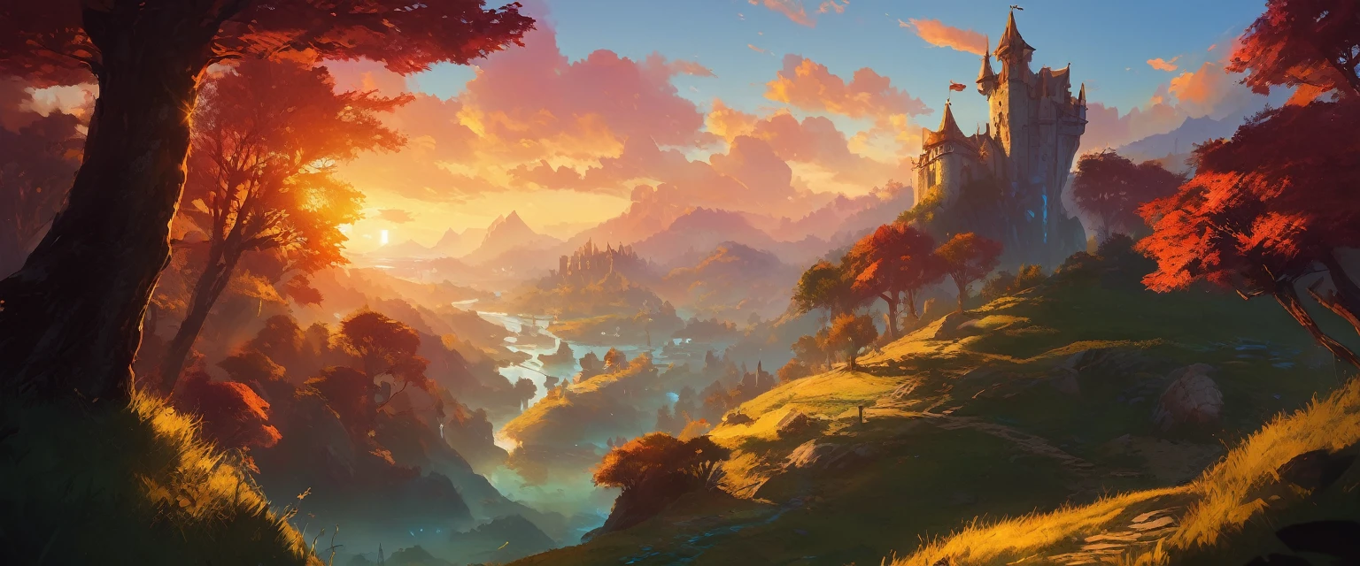  paisagem de um por do sol em um mundo selvagem,MEDIEVAL STYLE,high fantasy RPG style, League of Legends-inspired art style, dynamic poses, detailed facial features, cinematic lighting, vibrant colors, dramatic atmosphere, gritty realism, masterpiece, best quality, ultra-detailed, VALORANT