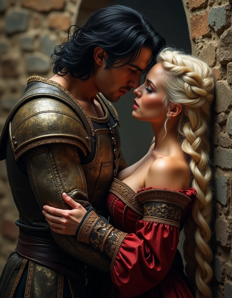 (photorealism:1.2), a man and a woman, man with black hair and amber eyes, woman with braided blonde hair and green eyes, perfect face, beautiful face, beautiful woman, voluptuous woman, fully clothed man, muscular man, fair skin, head to toe, fully clothed, dominating man, hate each other, man pins woman, medieval, woman in fancy dress.