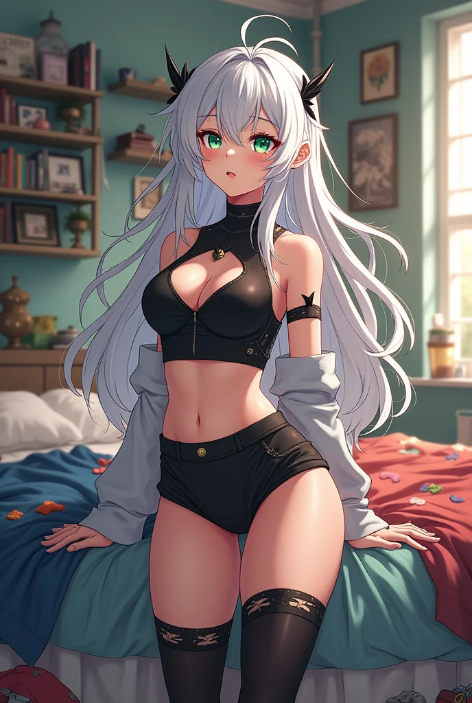 Woman masturbating, Anime woman, topless, bigtit, Genshin Impact, best quality, masterpiece, high res, light green pupils, 1woman, 8k, realistic, medium breasts, mature woman, messy room, on bed side, high knee socks, nonchalant expression, very messy white hair, narrow eyes, black crop top, black shorts, short hair with ponytail, whole body from head to toe view.