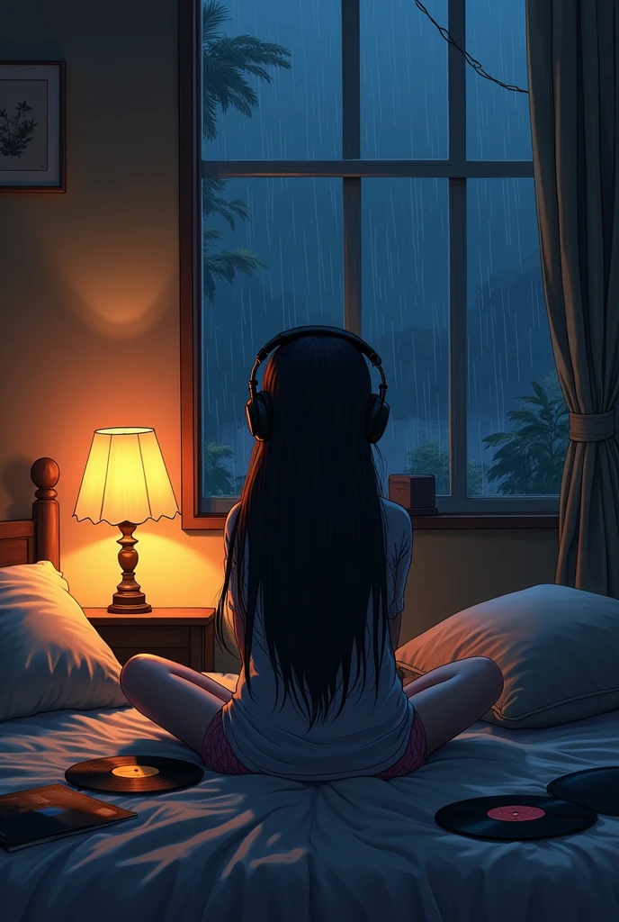 Girl listening to music in a cozy room at night, Using headphones, 2D style anime, Lo-fi, hard disk, dark environment, In the back of the room, a window with glass., Outside, rain is hitting the glass window