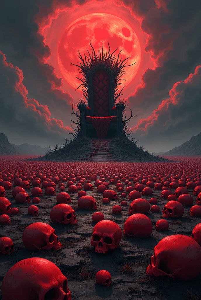 A very big land with thousands of red skull on it and a throne made of thorns standing on that land, scary in landscape format anime style