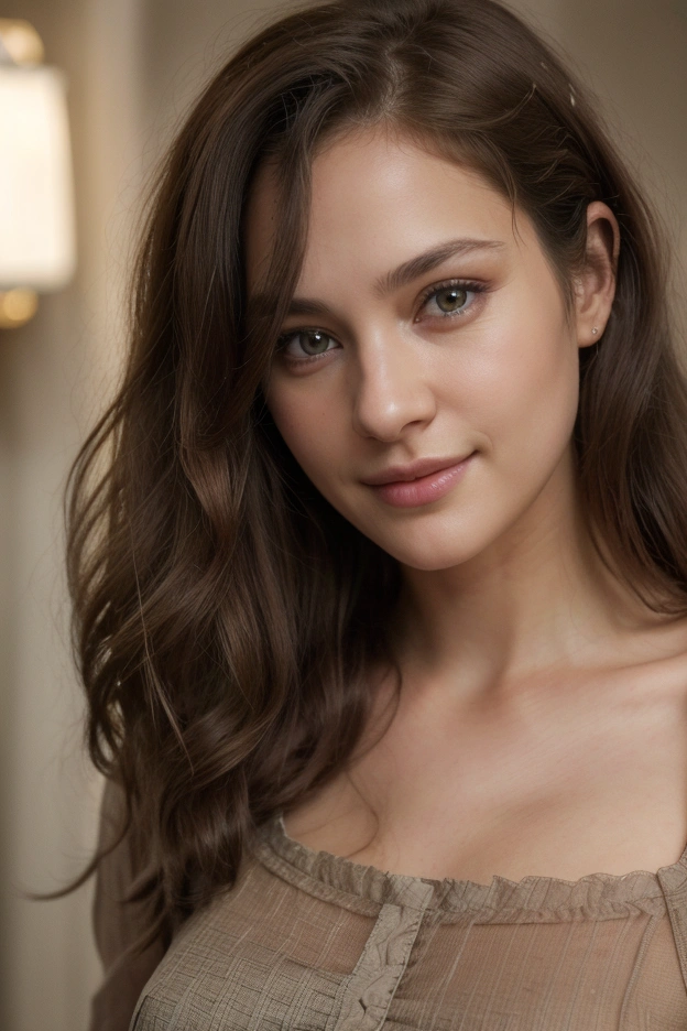 Beautiful brunette in pants , Low cut, very detailed, , visage innocent, naturally wavy hair, yeux verts, high resolution, Boss of'ouvrages d'art, best quality, intricate details, very detailed, mise au point nette, detailed skin, texture de peau realistic, texture, detailed eyes, professionnel, 4K, charming smile, prise avec Canon, 85 millimeters, slight depth of field, kodak vision color, corps parfaitement ajusté, extremely detailed, Photograph_\(ultra\), photographiquerealistic, realistic, Post-traitement, maximum details, roughness, real life, ultrarealistic, photorealism, photographie, 8k uh,