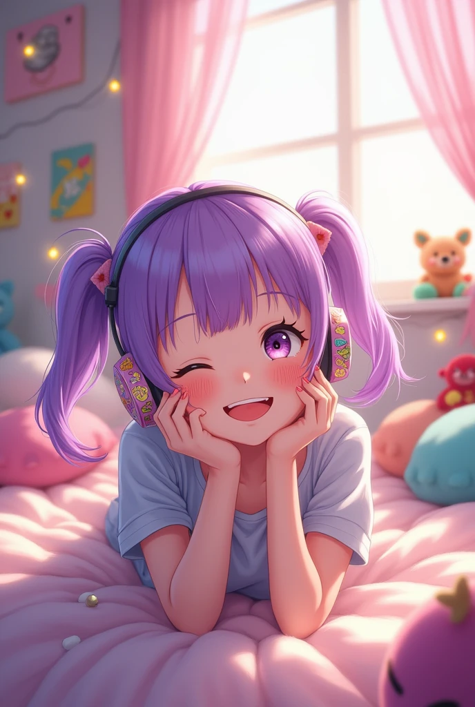 Cute anime girl smiling with pastel purple hair listening to music lying on her bed