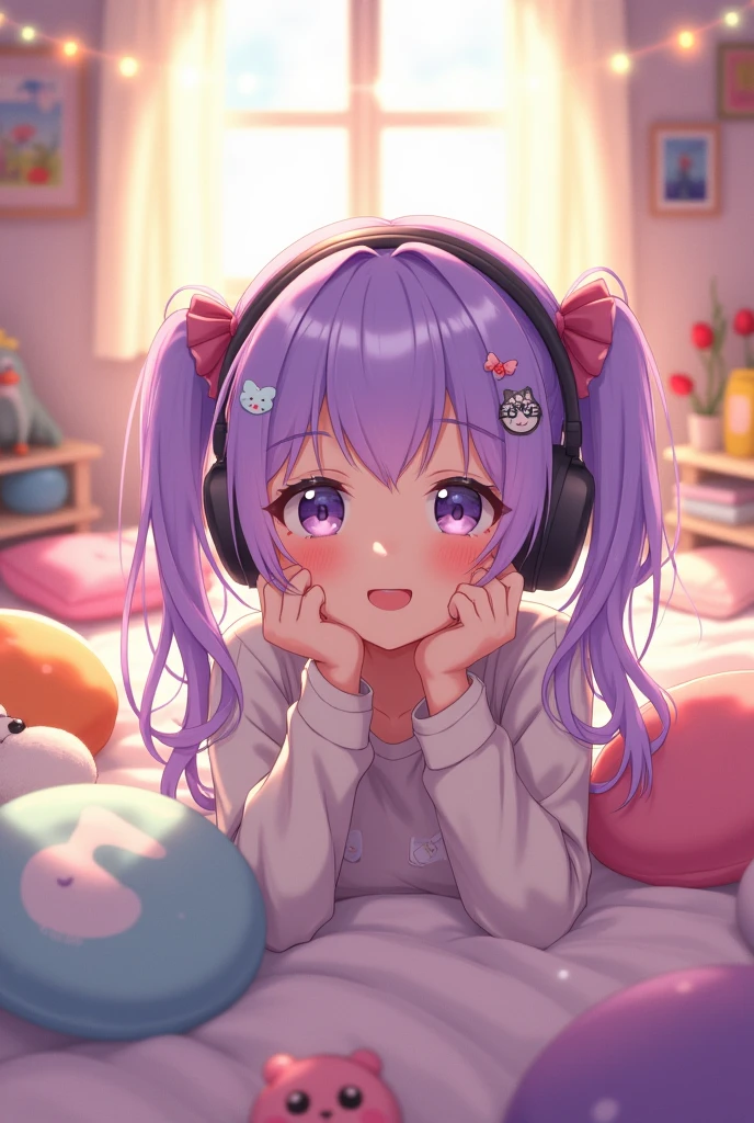 Cute anime girl smiling with pastel purple hair listening to music lying on her bed