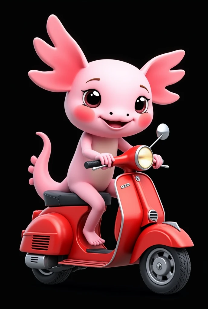 Axolotl riding a motorcycle, pink axolotl, black background, cartoon , round fins, no visible tail, the motorcycle should be a red Vespa, the whole picture should only be seen from the side, the axolotl should look into the camera, A small smile, big sweet eyes, two nostrils, pink gils, lighter pink for the head