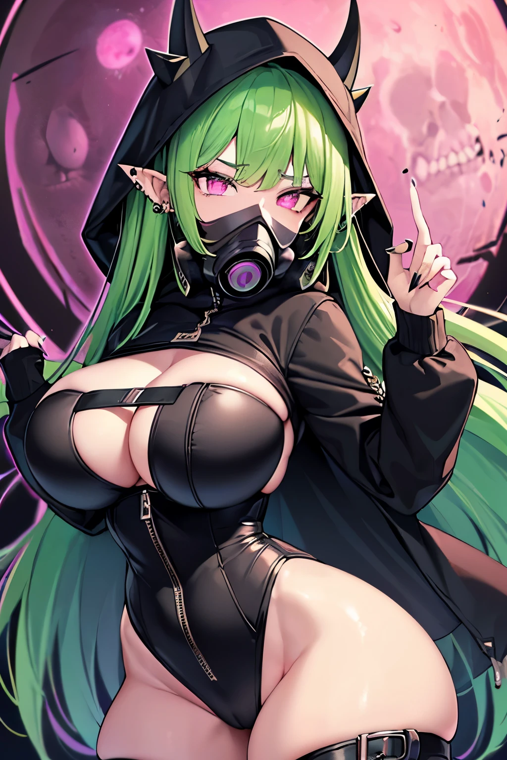 Neondskdrmsxl, woman, bangs, (black hoodie), (black jacket:1.1), (covered mouth:1.2), (open jacket), drawstring, (ear piercing:1.1), (earrings), (fingernails), (gas mask:1.2), (green hair:1.1), (hood down), (ornent horns:1.1), (pretty jewelry:1.2), long hair, long sleeves, looking at viewer, (moon), (multicolored hair:1.2), (body piercing:1.1), (pink eyes), pink hair, pointy ears, (detailed skull:1.1), (spikes:1.1), zipper, (detailed face and eyes:1.2), (perfect anatomy), (round breasts), (bubble butt), (wide hips:1.1), (slim waist:1.1), (thick thighs:1.1), (detailed background), (perfect nails:1.1), (detailed hand and finger:1.2), (medium breasts:1.2), (busty), (deep cleavage:1.2), (labia outline:1.3), (hard teat:1.3).