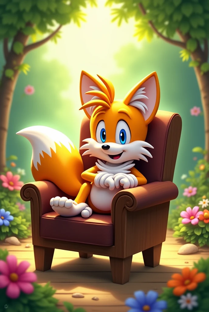 Tails sitting on a chair with his legs crossed 