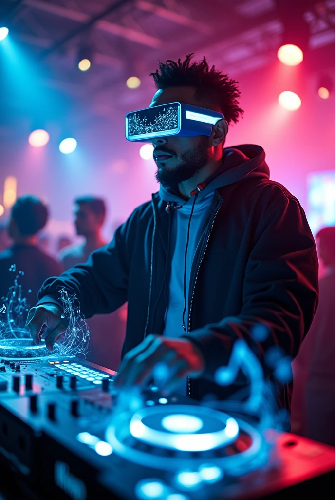 Dj controlling the volume of a song within an augmented reality system with augmented reality glasses. The mixer is holographic