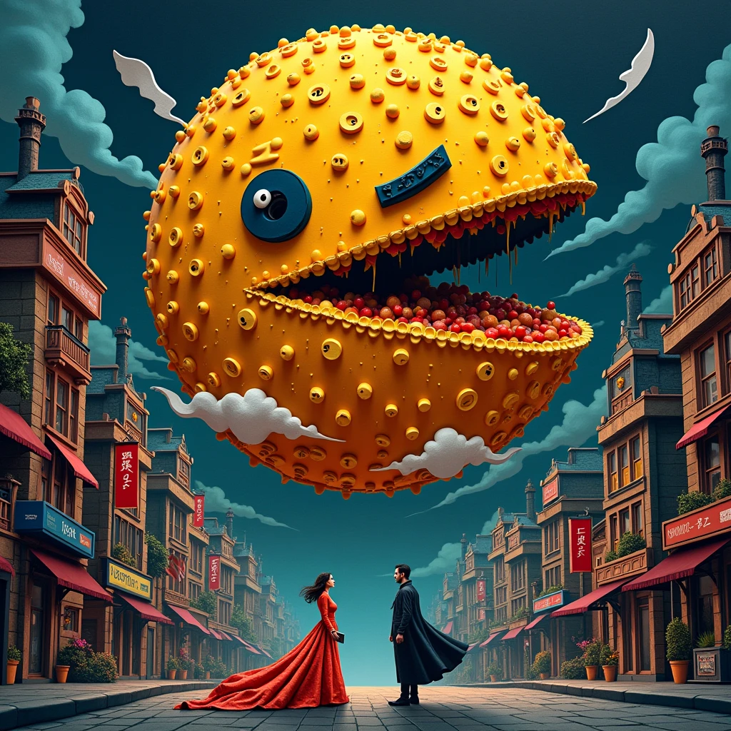 a man and a woman fighting a giant pacman floating in the air eating a city, paper quilling art style, neo-impressionism, highly detailed, dark tones, dark fantasy art, (best quality,4k,8k,highres,masterpiece:1.2),ultra-detailed,(realistic,photorealistic,photo-realistic:1.37),extremely detailed face and eyes, detailed clothing and textures, dramatic lighting, moody atmosphere, vibrant colors, dynamic composition