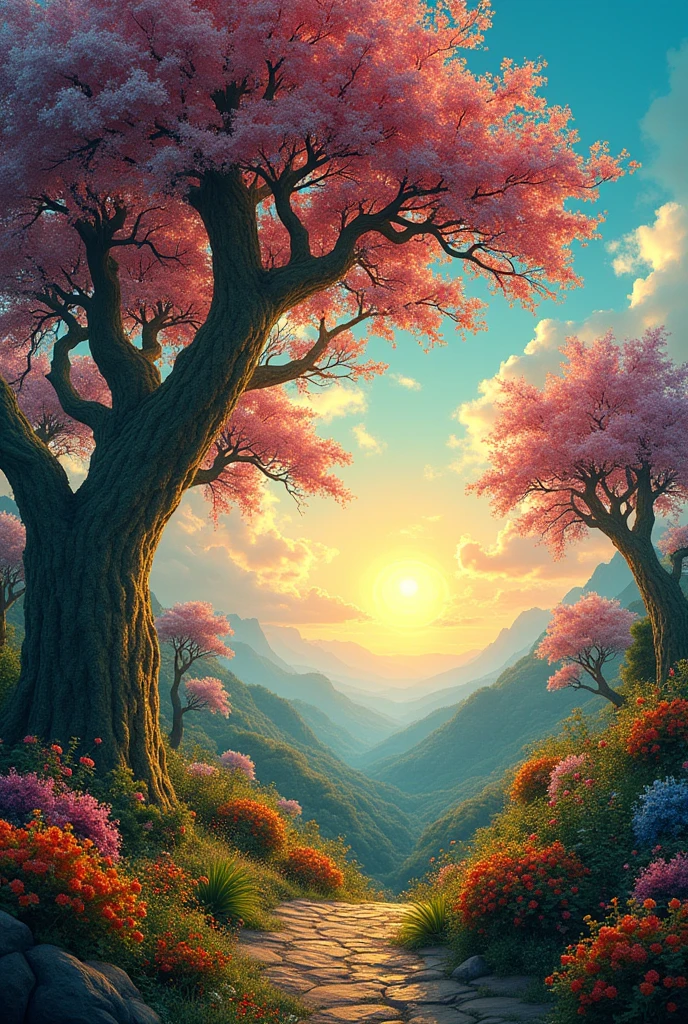 (photorealism:1.2), no human around, beautiful nature, trees and flowers with sunrise, the best paradise in the world, beautiful flowers and colorful trees, the light is brighter, outdoors, real flowers, real colorful trees, soft lighting, trees and flowers in background, bluesky with sunlight, cozy paradise, relaxed pose, realistic, intricate details, warm colors, by Greg Rutkowski, by Alphonse Mucha