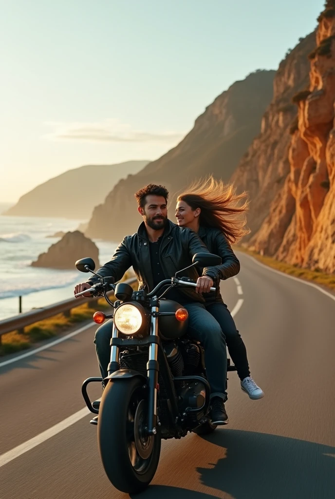 a couple, The boy is dark-haired with a beard and the girl is white with brown hair and strong build, both riding a motorcycle.