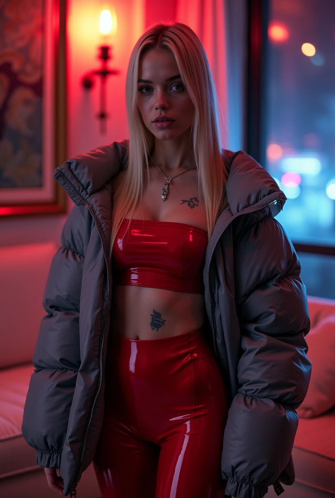 8k, high resolution, masterpiece, ultra-detailed, full body shot, ((cute barely legal girl in red latex tube shirt, and leggings, (grey shiny puffer jacket , wide neckline, deep neckline), random color)), (small perky breasts, small hips, detailed face, seductive expression, straight long blonde hair, pale skin, some tattoos), (((in a luxurious apartment, random pose next to a couch))), moody atmosphere, random dramatic and neon colors, intricate details, at night, backlit, full body shot