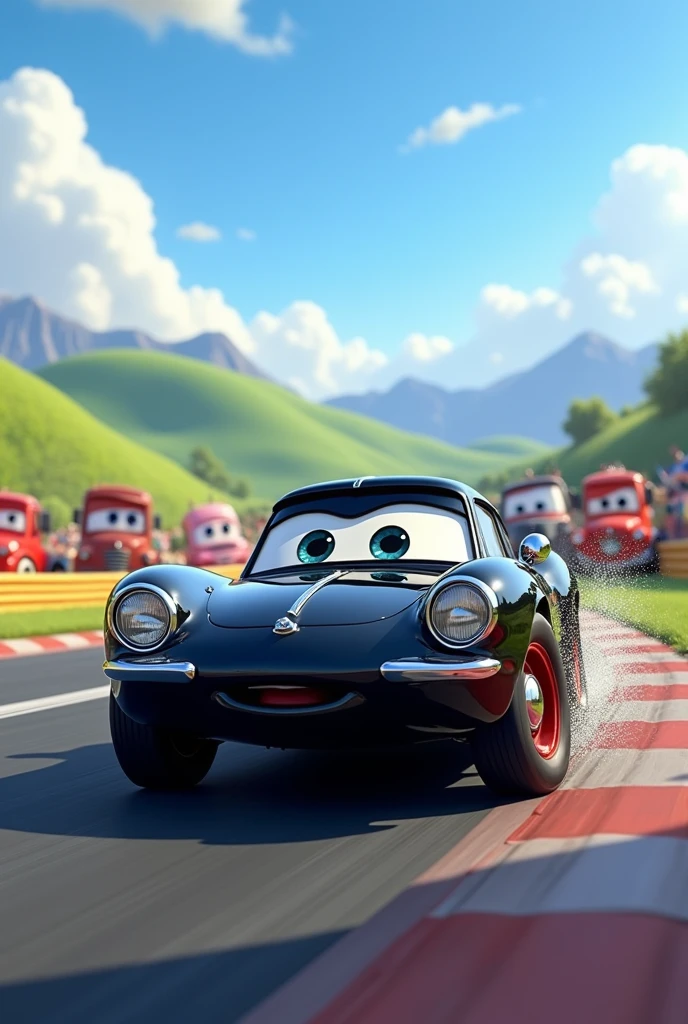 I would like a drawing of a Del Rey car as if it were an animation from the Disney Cars movies.. The car must be black and on its side
