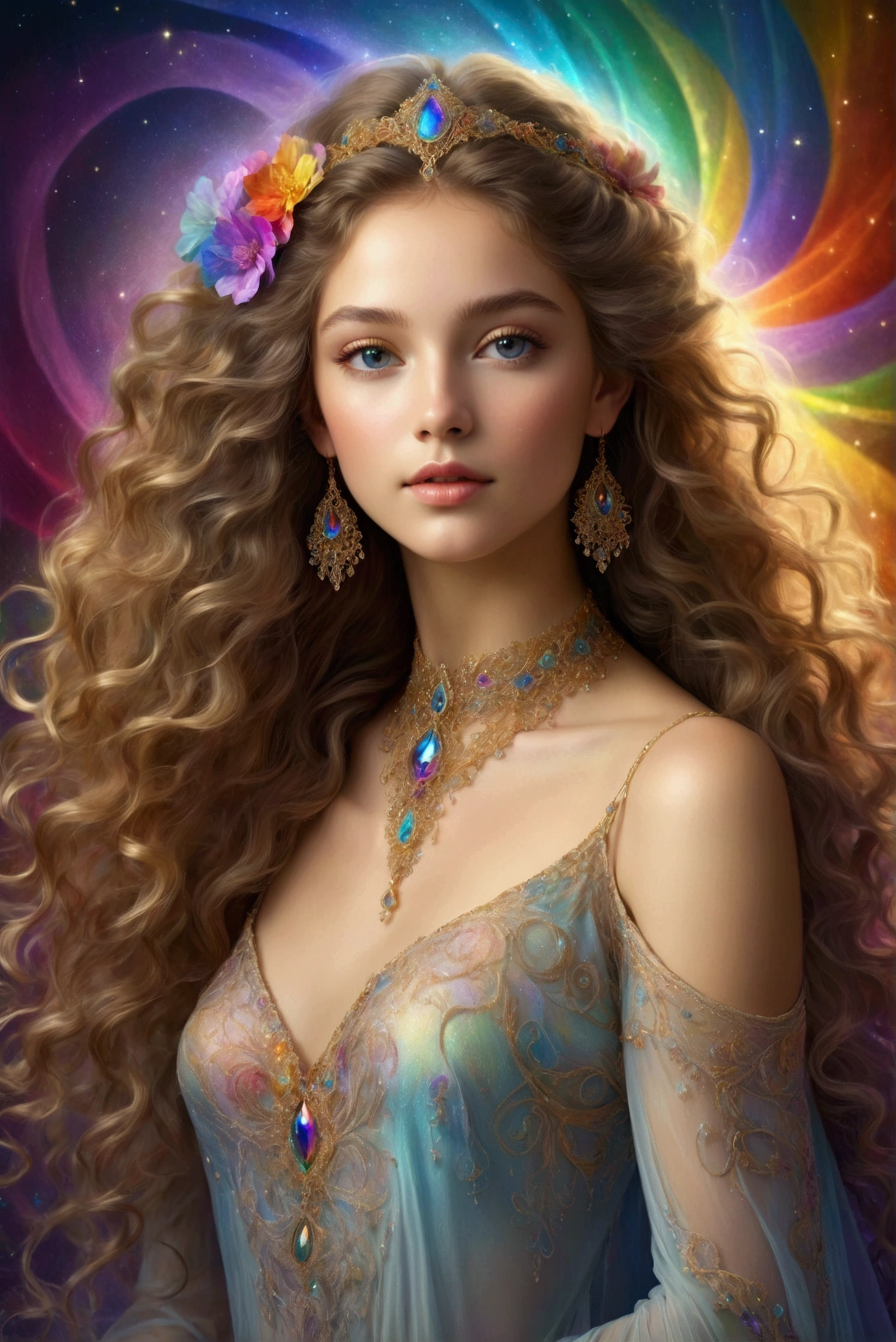 Against an illuminated background, fractal colored in the colors of the rainbow and blurred by a sparkling aura of magic and grace, a beautiful girl, 23 years old, long, light, curly and flowing hair, perfect and detailed face, clear and penetrating eyes, Intricate earrings and choker, delicate and gentle flower. hair. This digital painting captures her ethereal beauty in exquisite detail, from the delicate swirls of her movements, to her long gown of shimmering, iridescent mystical silk, embroidered with intricate, detailed gold threads. Soft colors and complex textures bring the mystical figure to life, beckoning viewers into a world of enchantment and wonder. in HD.