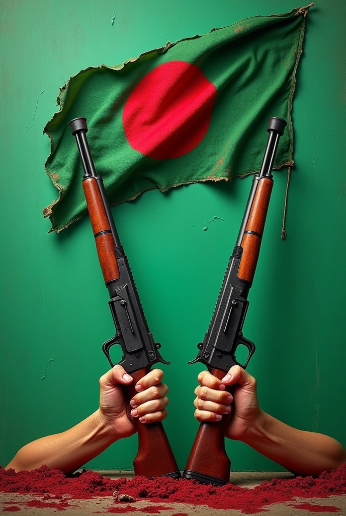 Green background, split blood, hands carrying rifles sticks flag of Bangladesh.